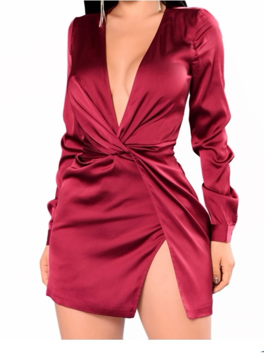 Fashion Nova Satin Long Sleeve Twist Front Mini Dress - Berry Red
